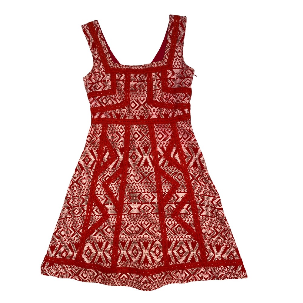 Maeve Anthropologie Red White Geometric Jacquard Lace Fit Flare‎ Dress Size 0